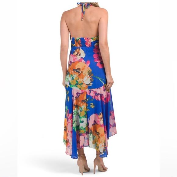 NWT Taylor Blue Floral Maxi Dress Open Back Halter Neckline Ruffled Hem Women 10 - Picture 4 of 6
